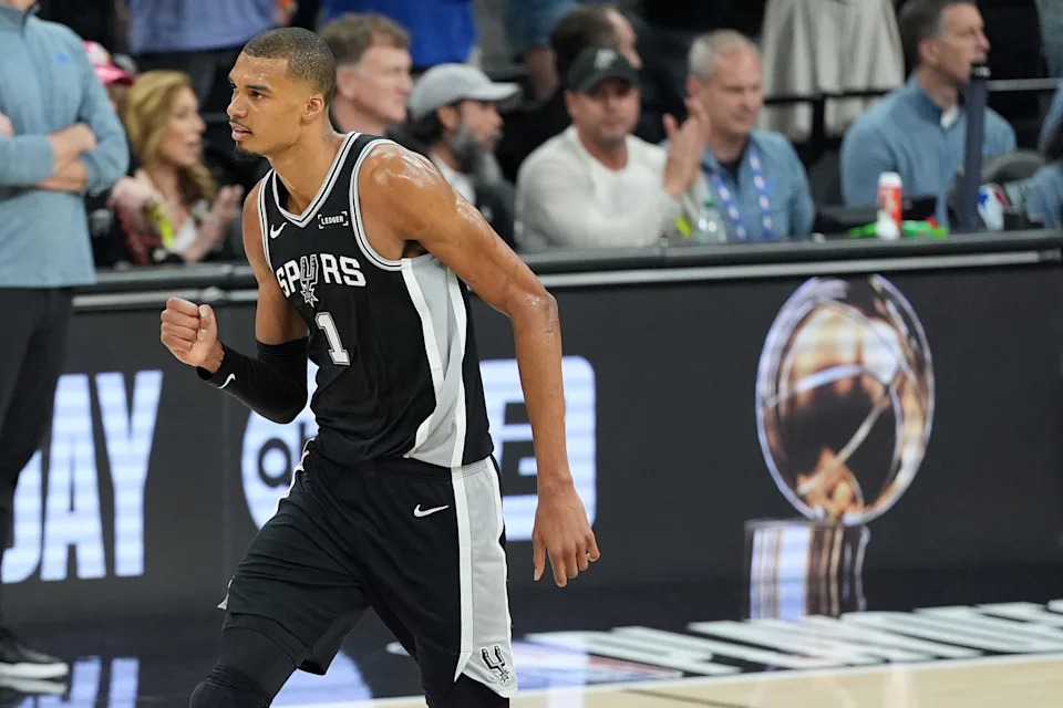 May 28, 2026; San Antonio, Texas, USA; San Antonio Spurs forward Victor Wembanyama (1) reacts in the first half during game six of the western conference finals for the 2026 NBA playoffs at Frost Bank Center. Mandatory Credit: Dustin Safranek-Imagn Images