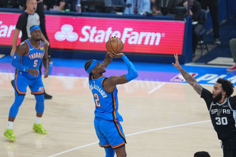 OKLAHOMA CITY, OK - MAY 18: Shai Gilgeous-Alexander #2 of the Oklahoma City Thunder shoots the ball during the game against the San Antonio Spurs during the Western Conference Finals of the 2026 NBA Playoffs on May 18 2026 at Paycom Center in Oklahoma City, Oklahoma. NOTE TO USER: User expressly acknowledges and agrees that, by downloading and or using this photograph, User is consenting to the terms and conditions of the Getty Images License Agreement. Mandatory Copyright Notice: Copyright 2026 NBAE Morgan Givens/NBAE via Getty Images/AFP (Photo by Morgan Givens / NBAE / Getty Images / Getty Images via AFP)