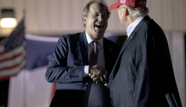 Former President Donald Trump, right, shakes hands with Texas Attorney General Ken Paxton at a rally, Saturday, Oct. 22, 2022, in Robstown, Texas.