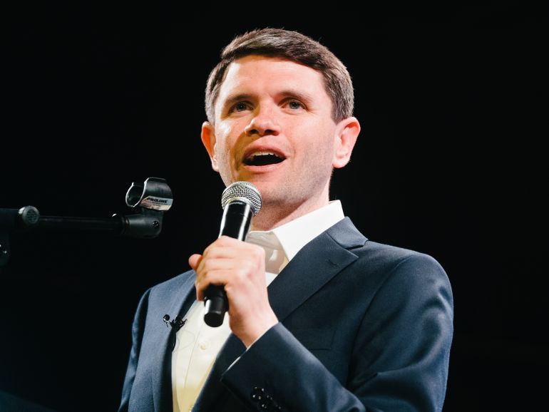 James Talarico, a Texas Democratic primary candidate for U.S. Senate, speaks during an event in San Antonio, Texas, US.