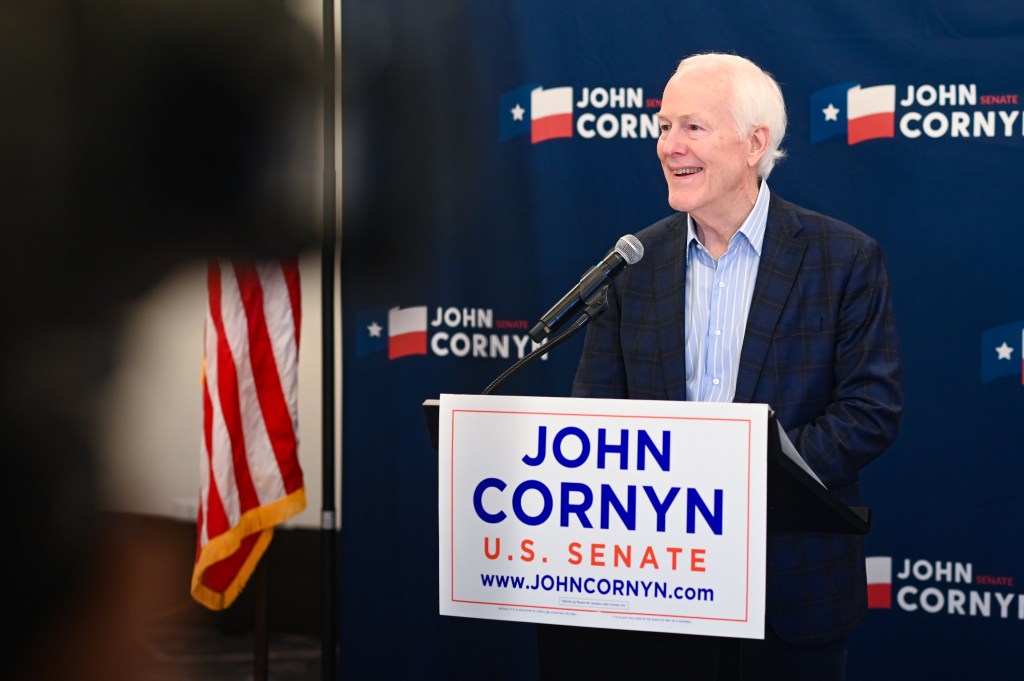 Sen. John Cornyn, R-Texas, speaks to the media Tuesday, March 3, 2026, in Austin, Texas. (AP Photo/Jack Myer)
