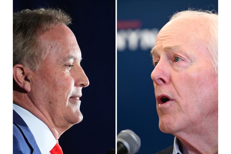 This photo combination shows Texas Attorney General Ken Paxton, left, in Dallas and Sen. John Cornyn, R-Texas, in Austin