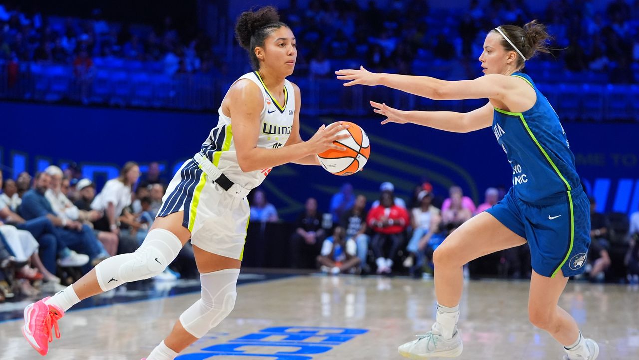 Dallas Wings guard Azzi Fudd (35) looks to move the ball against Minnesota Lynx forward Antonia Delaere (8) during the first half of a WNBA basketball game in Arlington, Texas, Thursday, May 14, 2026. (AP Photo/LM Otero)