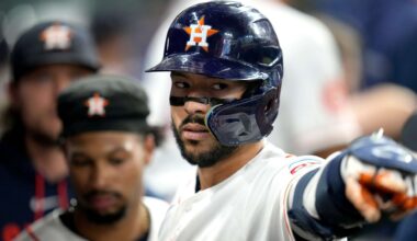 Houston Astros' Carlos Correa (1) celebrates his home run with teammates in the dugout during the sixth inning of a baseball game against the New York Yankees, Saturday, April 25, 2026, in Houston. (AP Photo/Karen Warren)