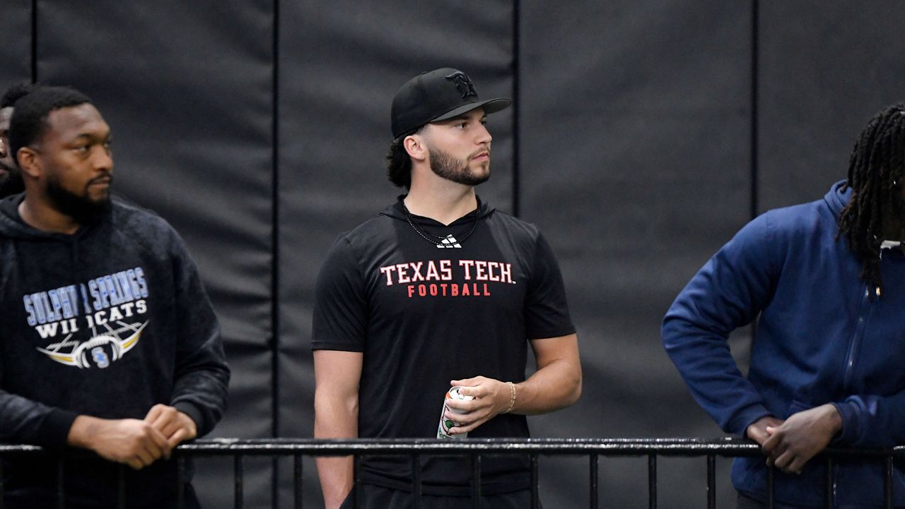 Texas Tech quarterback Brendan Sorsby watches the school's NFL football pro day, March 26, 2026, in Lubbock, Texas. (AP Photo/Annie Rice)