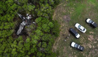 A crashed Cessna airplane is seen in a wooded area on Round Rock Road in Wimberley, Texas, Friday, May 1, 2026. (Jay Janner/Austin American-Statesman via AP)