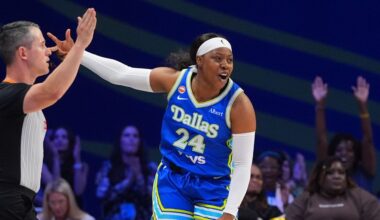 Dallas Wings guard Arike Ogunbowale reacts to scoring a three pointer during the first half of a WNBA basketball game against the Washington Mystics in Arlington, Texas, Monday, May 18, 2026. (AP Photo/LM Otero)