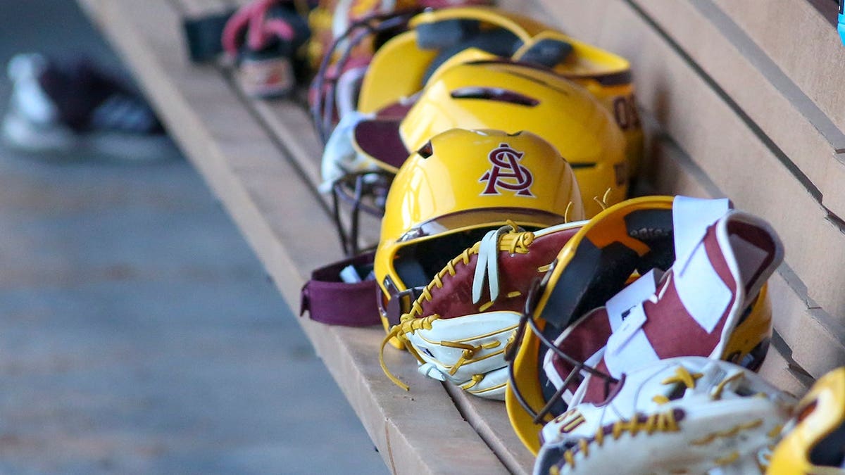 Arizona State Sun Devils softball helmet on field during game