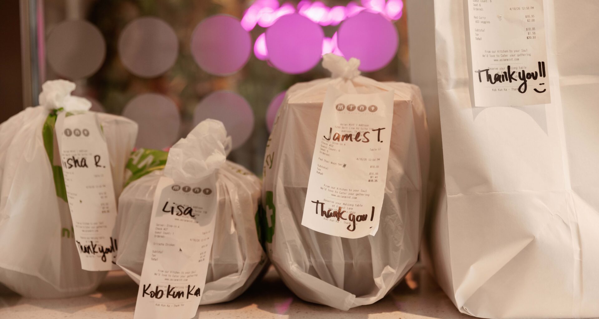 take out bags at a Thai restaurant