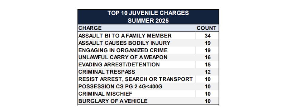Top 10 juvenile charges in summer 2025
