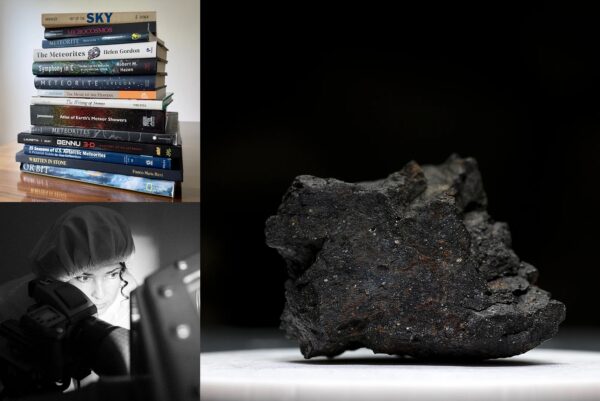 Acomposite image of a stack of science books, a person looking through a camera, and a close-up of a meteorite.