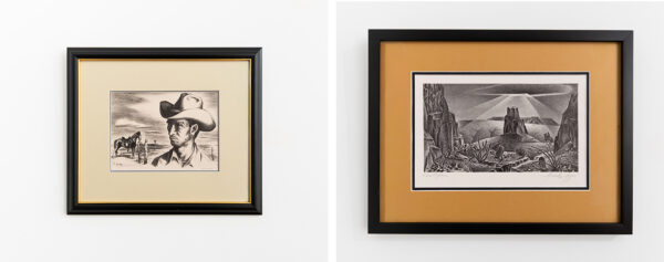 Side-by-side framed lithographs by Jerry Bywaters and Alexandre Hogue.