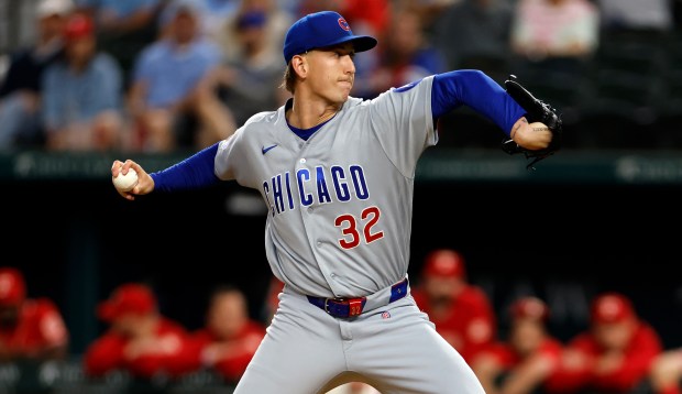 Cubs right-hander Ben Brown, making his first start of the season, delivers against the Rangers during the first inning at Globe Life Field on May 8, 2026, in Arlington, Texas. Brown didn't allow a hit in four scoreless innings in the Cubs' 7-1 win, their 10th straight. (Ron Jenkins/Getty)