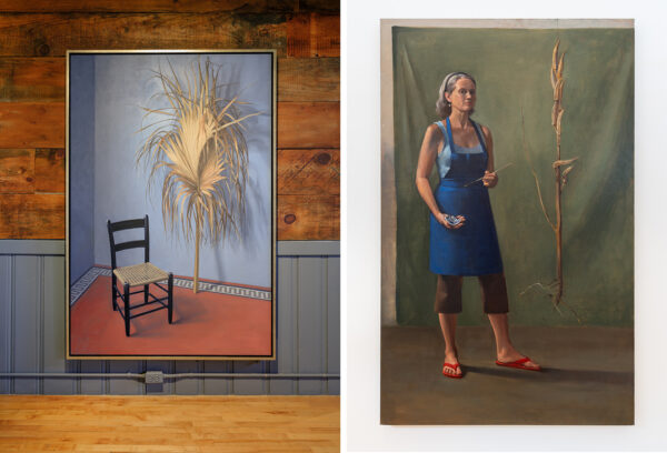 Side-by-side photographs of paintings by Carol Ivey, including a self-portrait.
