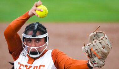 Texas Longhorns starting pitcher Citlaly Gutierrez (77) pitches in the second inning of an NCAA softball game against the Oklahoma State Cowgirls in Austin, Texas Wednesday, April 22, 2026. (Sara Diggins/Austin American-Statesman via AP)