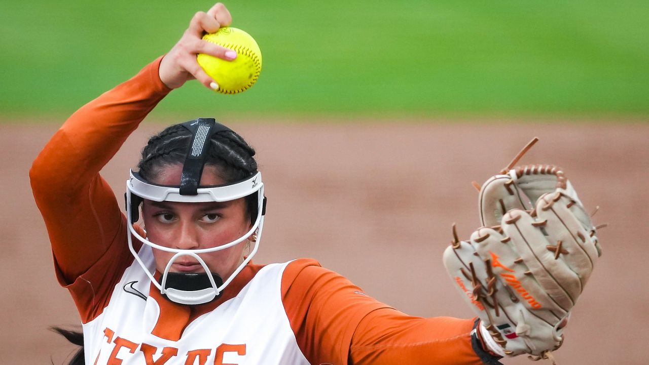 Texas Longhorns starting pitcher Citlaly Gutierrez (77) pitches in the second inning of an NCAA softball game against the Oklahoma State Cowgirls in Austin, Texas Wednesday, April 22, 2026. (Sara Diggins/Austin American-Statesman via AP)