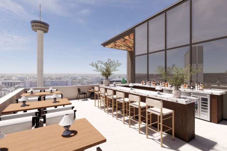 An artist's rendering shows The Monarch Hotel's rooftop bar and restaurant, which will focus on flavors from the Yucatan.