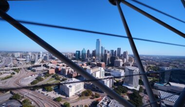 The Dallas skyline is visible through the framing of Reunion Tower, Nov. 6, 2025, in Dallas. (AP Photo/Julio Cortez, File)