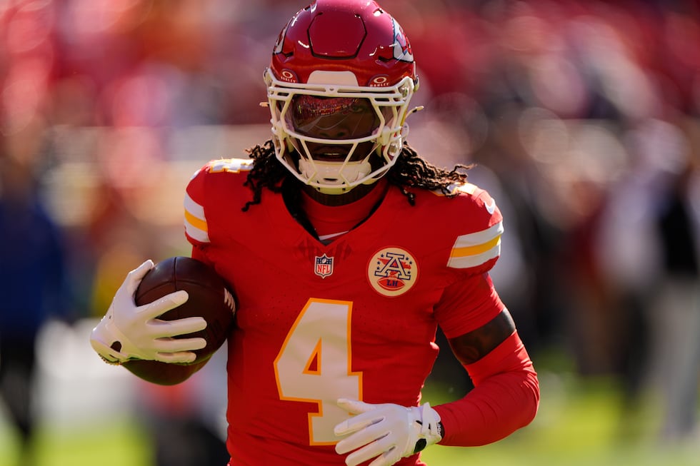 Kansas City Chiefs wide receiver Rashee Rice warms up before an NFL football game against the...