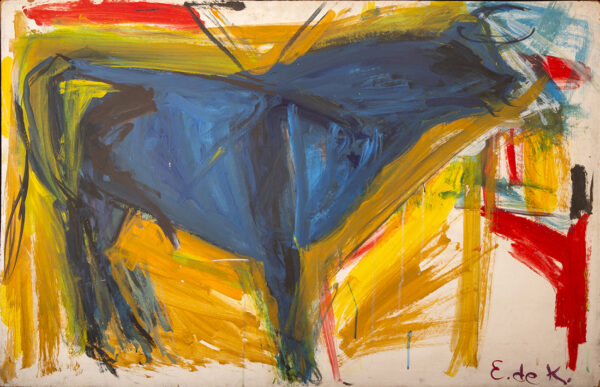 A painting by Elaine de Kooning of an abstract blue bull against a yellow background.