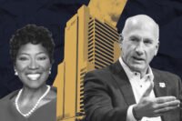 City Manager Kimberly Tolbert and AT&T's John Stankey with Whitacre Tower