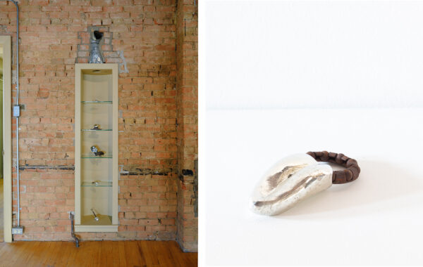 Side-by-side images of small assemblage sculptures by Emily Budd.