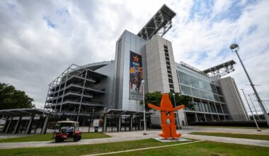 The outside of Houston Stadium (temporarily renamed from NRG Stadium) is seen ahead of the 2026 FIFA World Cup in Houston, Texas, on May 11, 2026. Houston Stadium will host seven soccer matches during the 2026 FIFA World Cup.