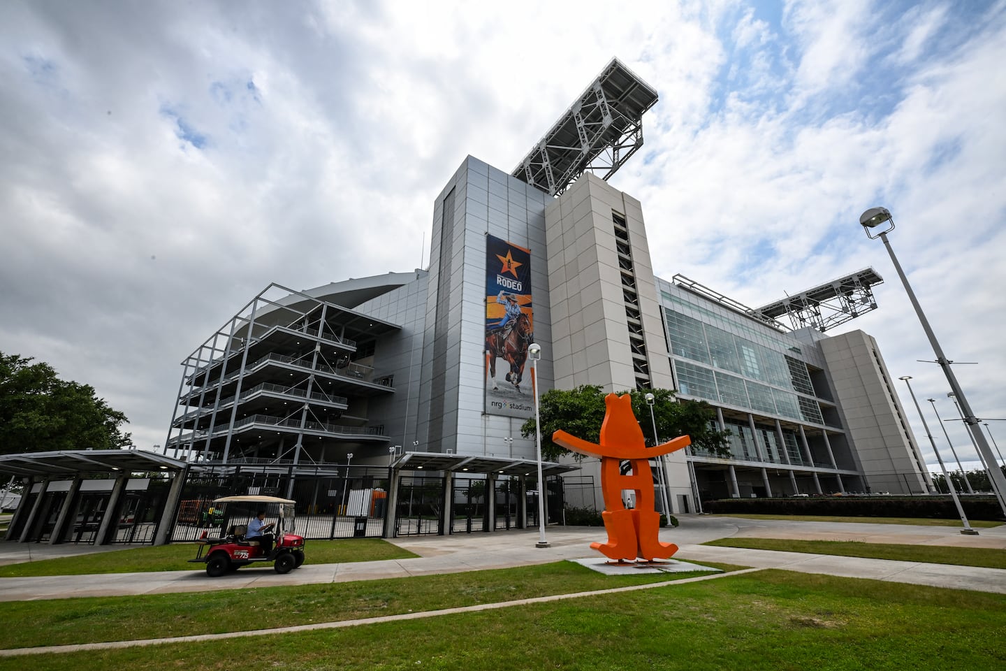 The outside of Houston Stadium (temporarily renamed from NRG Stadium) is seen ahead of the 2026 FIFA World Cup in Houston, Texas, on May 11, 2026. Houston Stadium will host seven soccer matches during the 2026 FIFA World Cup.