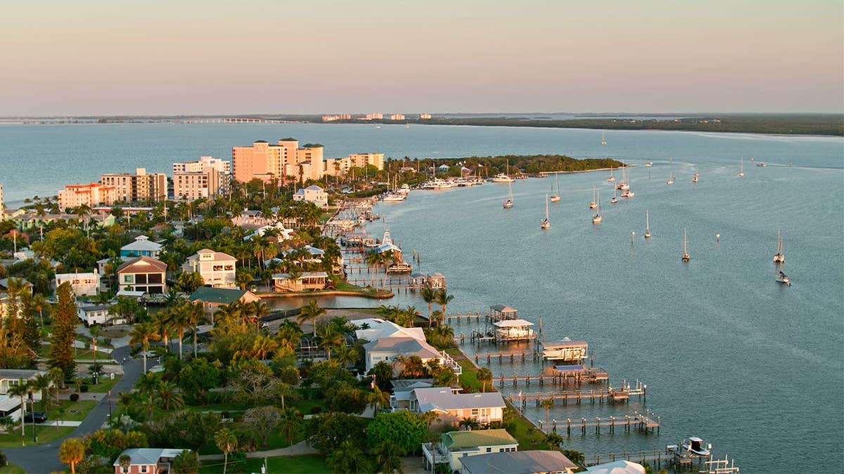 Aerial shot of the Ft. Myers Beach area during a sunrise on a spring morning