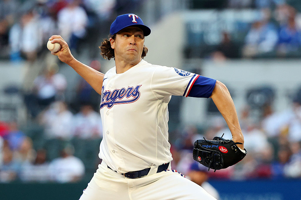 ARLINGTON, TEXAS - APRIL 06: Jacob Degrom #48 of the Texas Rangers delivers a pitch against the Seattle Mariners in the first inning at Globe Life Field on April 06, 2026 in Arlington, Texas. (Photo by Richard Rodriguez/Getty Images)