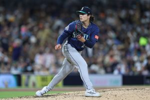SAN DIEGO, CALIFORNIA - APRIL 14: Bryan Woo #22 of the Seattle Mariners pitches during a game against the San Diego Padres at Petco Park on April 14, 2026 in San Diego, California. (Photo by Sean M. Haffey/Getty Images)