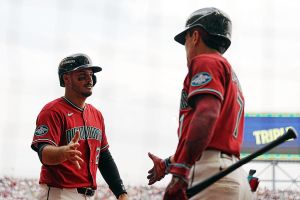 MEXICO CITY, MEXICO - APRIL 26: Nolan Arenado #28 of the Arizona Diamondbacks celebrates with teammate Corbin Carroll #7 after scoring a run in the eighth inning during a 2026 Mexico City Series game between the San Diego Padres and the Arizona Diamondbacks at Estadio Alfredo Harp Helu on Sunday, April 26, 2026 in Mexico City, Mexico. (Photo by Mary DeCicco/MLB Photos via Getty Images)