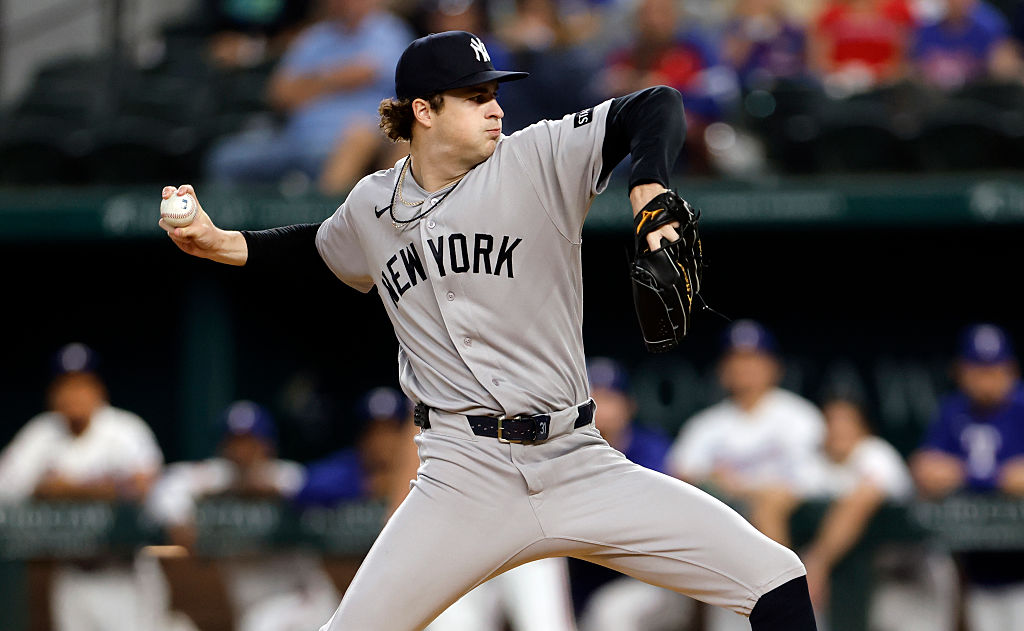 ARLINGTON, TEXAS - APRIL 28: Cam Schlittler #31 of the New York Yankees pitches against the Texas Rangers during the first inning at Globe Life Field on April 28, 2026 in Arlington, Texas. (Photo by Ron Jenkins/Getty Images)