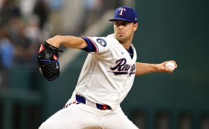 ARLINGTON, TEXAS - APRIL 25: MacKenzie Gore #1 of the Texas Rangers pitches against the Athletics during the first inning at Globe Life Field on April 25, 2026 in Arlington, Texas. (Photo by Ron Jenkins/Getty Images)