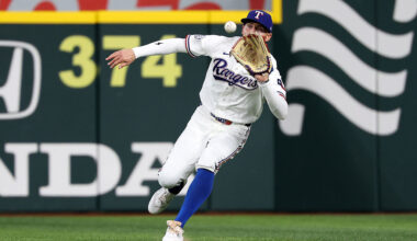 ARLINGTON, TEXAS - APRIL 29: Brandon Nimmo #24 of the Texas Rangers fields a fly ball during the third inning against the New York Yankees at Globe Life Field on April 29, 2026 in Arlington, Texas. (Photo by Stacy Revere/Getty Images)
