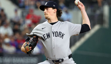 ARLINGTON, TEXAS - APRIL 27: Max Fried #54 of the New York Yankees pitches against the Texas Rangers at Globe Life Field on April 27, 2026 in Arlington, Texas. (Photo by Richard Rodriguez/Getty Images)
