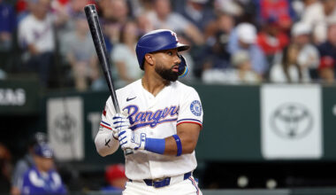 ARLINGTON, TEXAS - APRIL 29: Ezequiel Duran #20 of the Texas Rangers at bat during a game against the New York Yankees at Globe Life Field on April 29, 2026 in Arlington, Texas. (Photo by Stacy Revere/Getty Images)