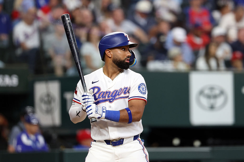 ARLINGTON, TEXAS - APRIL 29: Ezequiel Duran #20 of the Texas Rangers at bat during a game against the New York Yankees at Globe Life Field on April 29, 2026 in Arlington, Texas. (Photo by Stacy Revere/Getty Images)