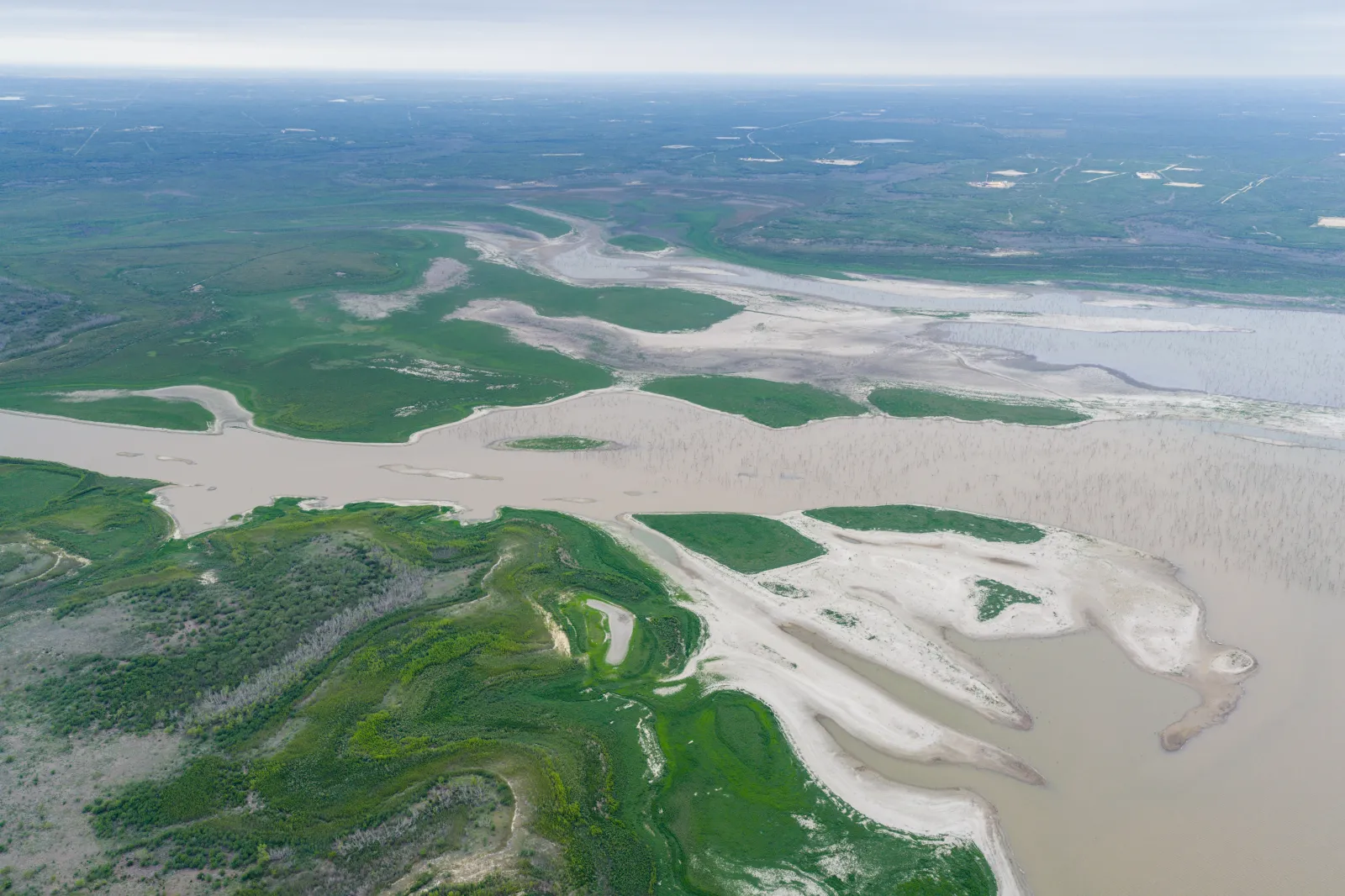 In an aerial view, the Choke Canyon Reservoir is seen within the Choke Canyon State Park on May 07, 2026 in Three Rivers, Texas.