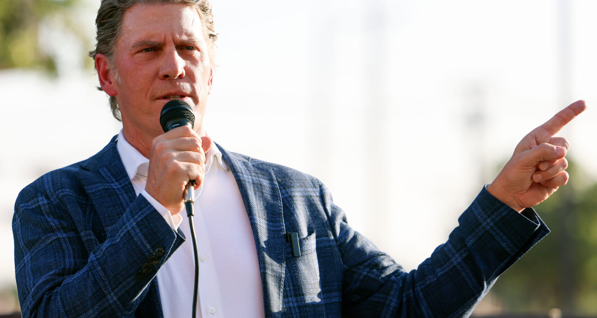 Bo French speaks as the Tarrant County Republican Party Chair during a rally in Mansfield on April 15, 2025. Credit: Shafkat Anowar/The Dallas Morning News via Getty Images