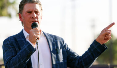 Bo French speaks as the Tarrant County Republican Party Chair during a rally in Mansfield on April 15, 2025. Credit: Shafkat Anowar/The Dallas Morning News via Getty Images