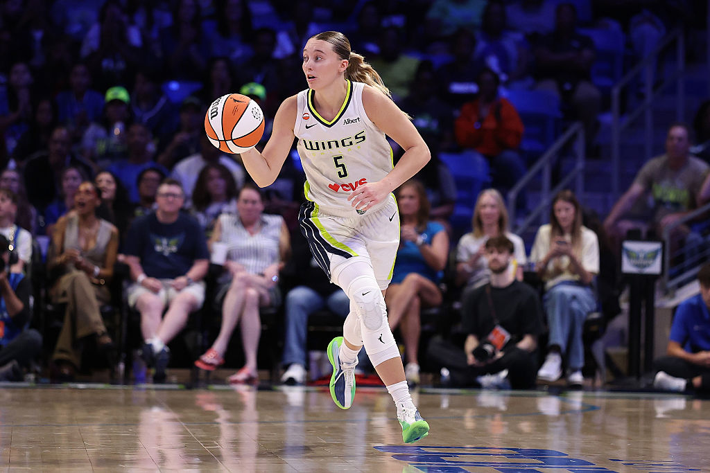 ARLINGTON, TEXAS - MAY 14: Paige Bueckers #5 of the Dallas Wings handles the ball during a game against the Minnesota Lynx at College Park Center on May 14, 2026 in Arlington, Texas.