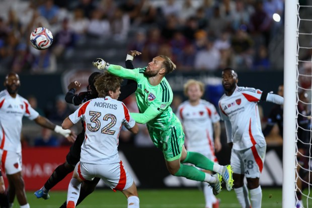 COMMERCE CITY, CO - MAY 23: Goalkeeper Jonathan Sirois #40 of FC Dallas punches the ball away from goal during the second half against the Colorado Rapids at Dick's Sporting Goods Park on May 23, 2026 in Commerce City, Colorado. (Photo by Justin Edmonds/Getty Images)