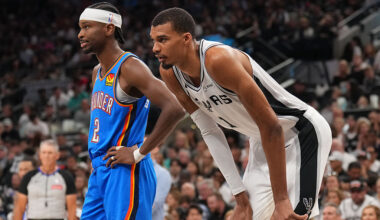 OKLAHOMA CITY, OK - MAY 24: Shai Gilgeous-Alexander #2 of the Oklahoma City Thunder and Victor Wembanyama #1 of the San Antonio Spurs look on during Game Four of the NBA Western Conference Finals on May 24, 2026 at Paycom Center in Oklahoma City, Oklahoma. NOTE TO USER: User expressly acknowledges and agrees that, by downloading and or using this photograph, User is consenting to the terms and conditions of the Getty Images License Agreement. Mandatory Copyright Notice: Copyright 2026 NBAE (Photo by Jesse D. Garrabrant/NBAE via Getty Images)