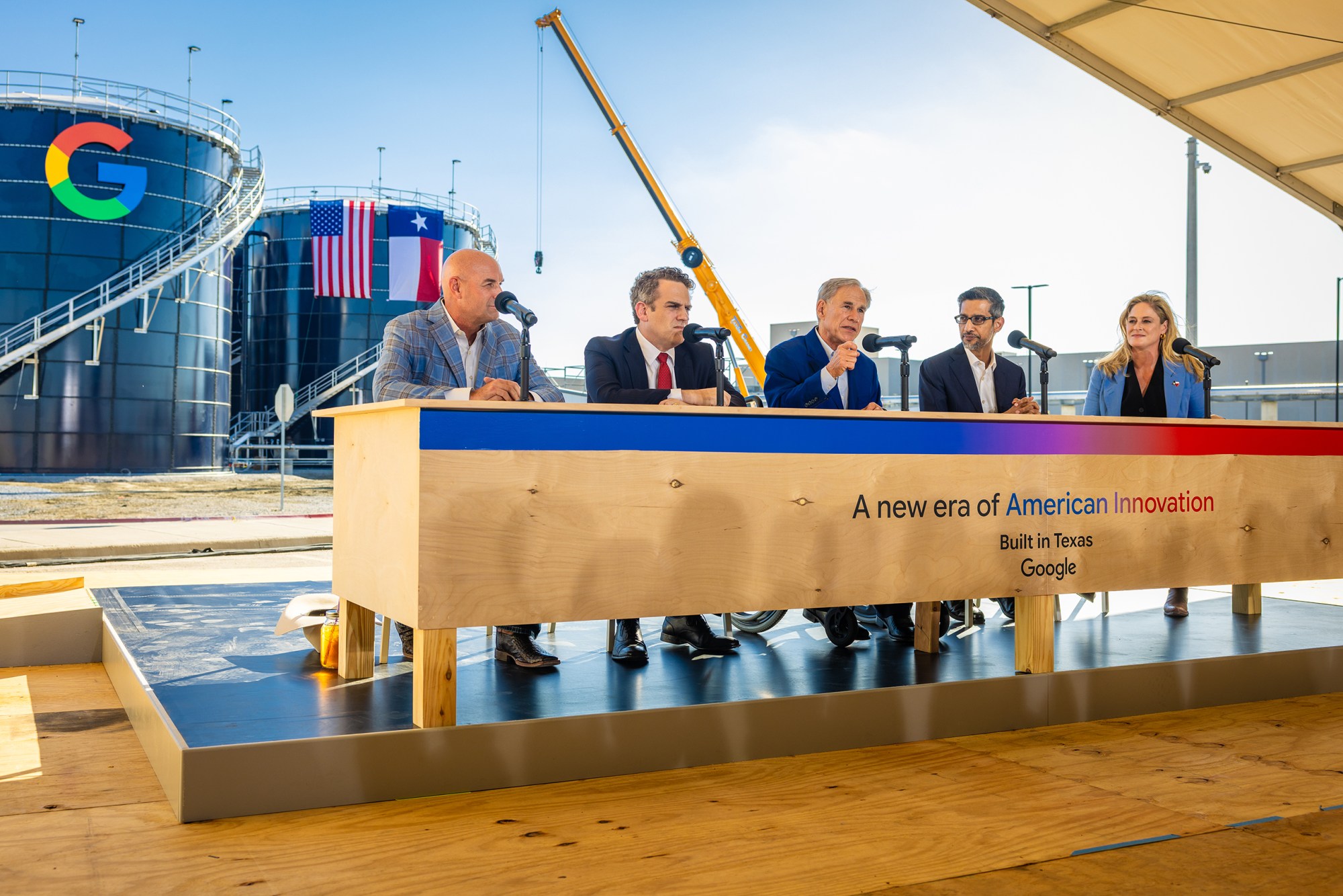 Texas Gov. Greg Abbott and Google CEO Sundar Pichai at a Google data center in Midlothian on Nov. 14, 2025.
