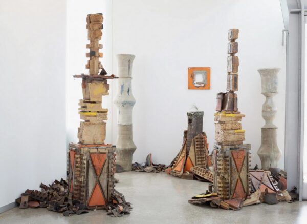 Ceramic sculptures resembling totemic columns. 