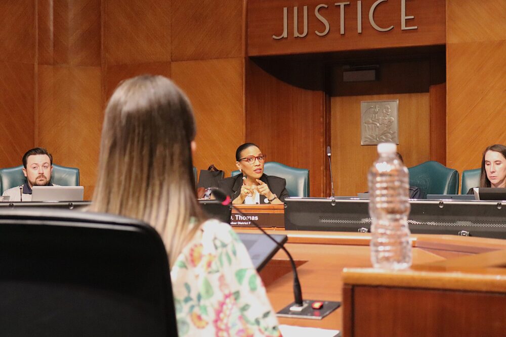 Council member Tiffany Thomas speaks during a committee meeting on May 6, 2025.