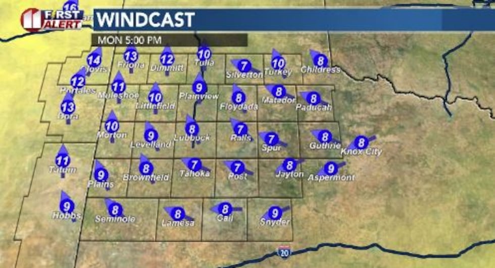 Showers, storms will diminish and move out of the South Plains Sunday evening.