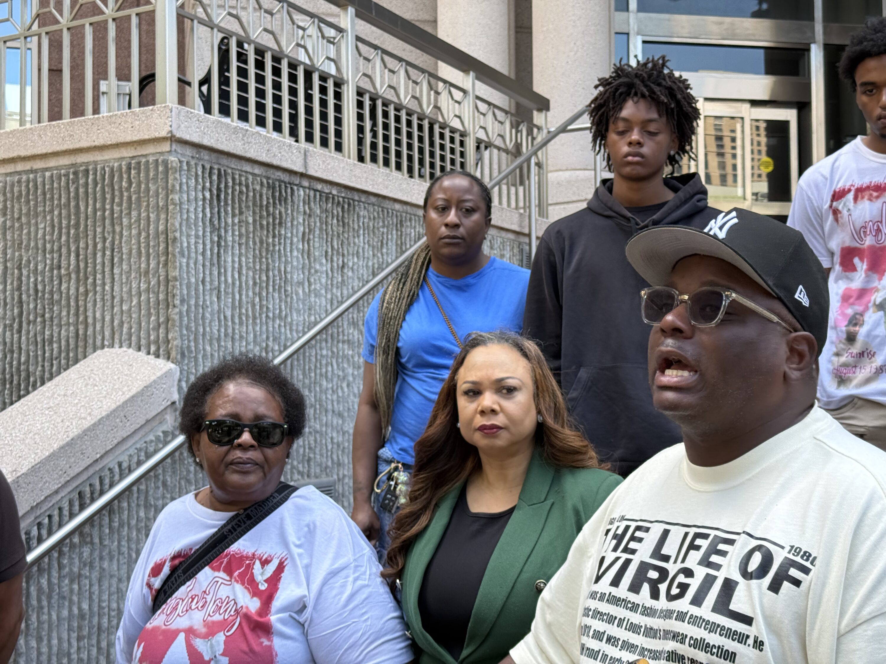 Patricia Underwood (left), Attorney U.A. Lewis (middle) and Sean Underwood Right at a press conference regarding the wrongful death lawsuit against HPD for the death of Tony Underwood. May 12, 2026.