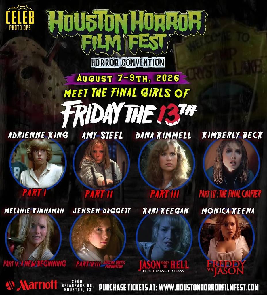 Graphic shows info about actor appearances by cast of "Friday The 13th" at Houston Horror Film Fest. 